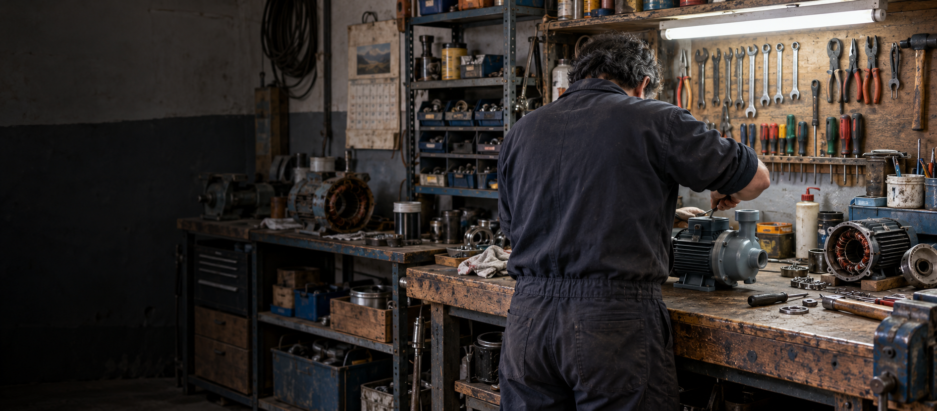 Integrante de una familia trabajando de espaldas en un taller de reparación de motores y bombas