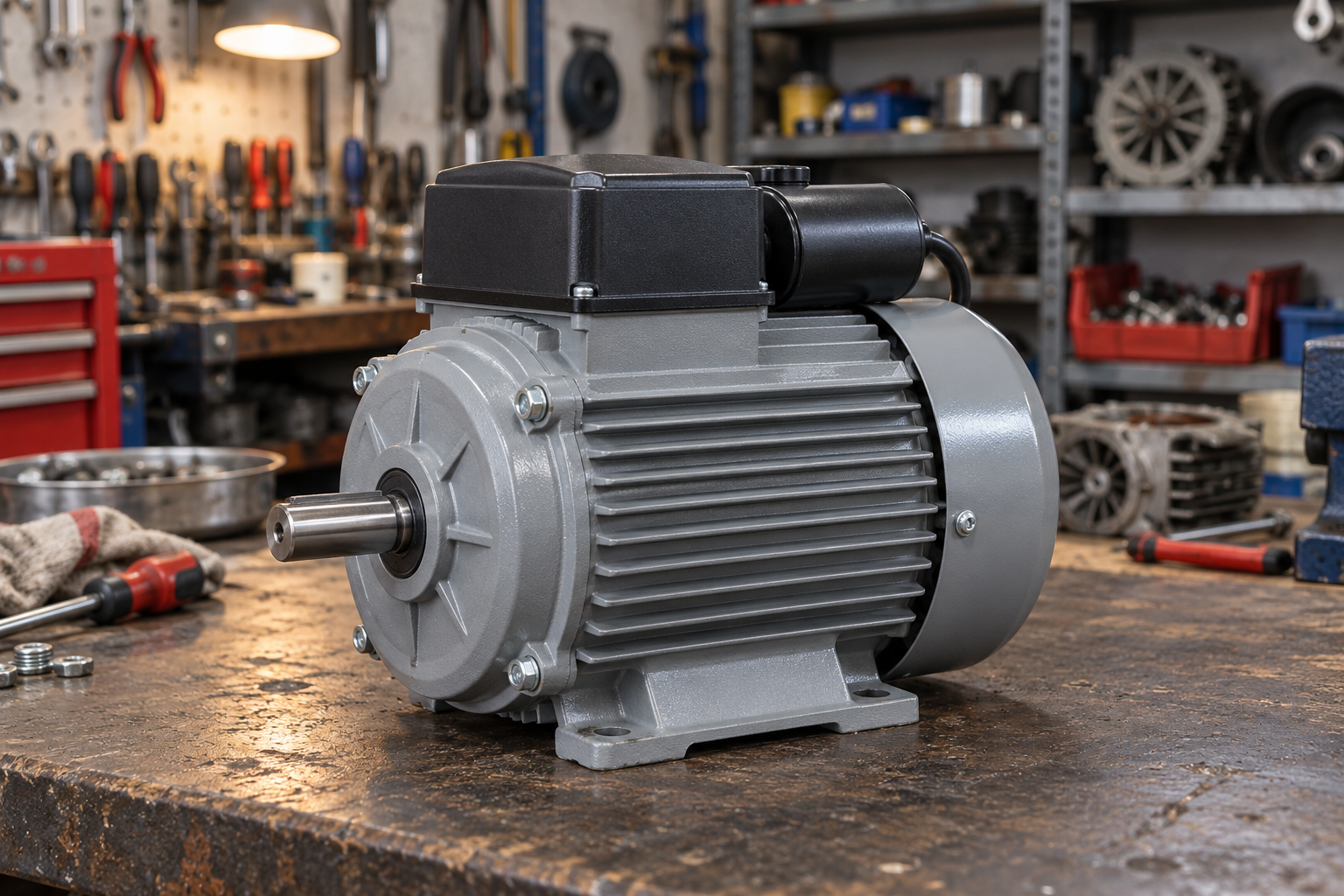 Motor eléctrico gris con caja de conexiones en un banco de taller